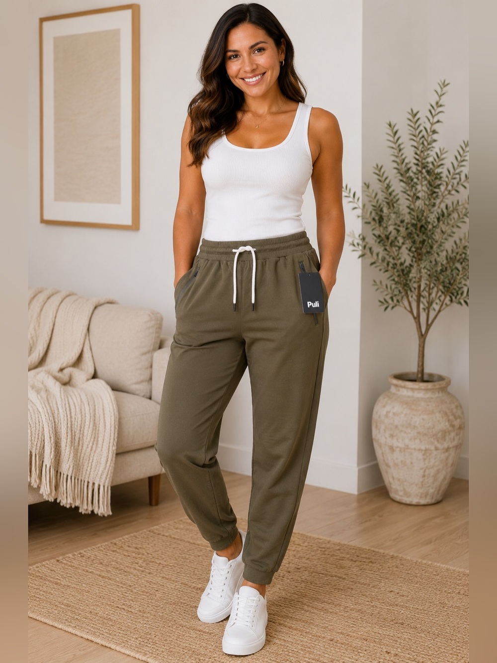 NWT PULI Women's Cotton Drawstring Track Joggers - Olive Green - Size XL